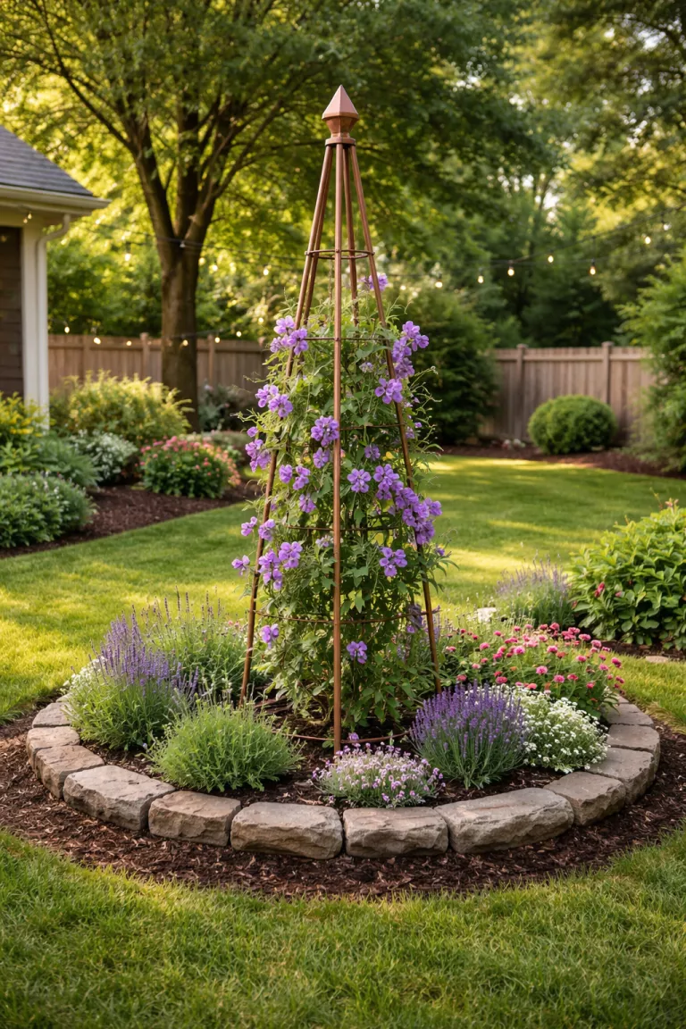 A realistic photo of a typical American home's backyard featuring a tall copper-colored metal obelisk trellis standing in a circular flower bed with purple sweet peas climbing the structure.