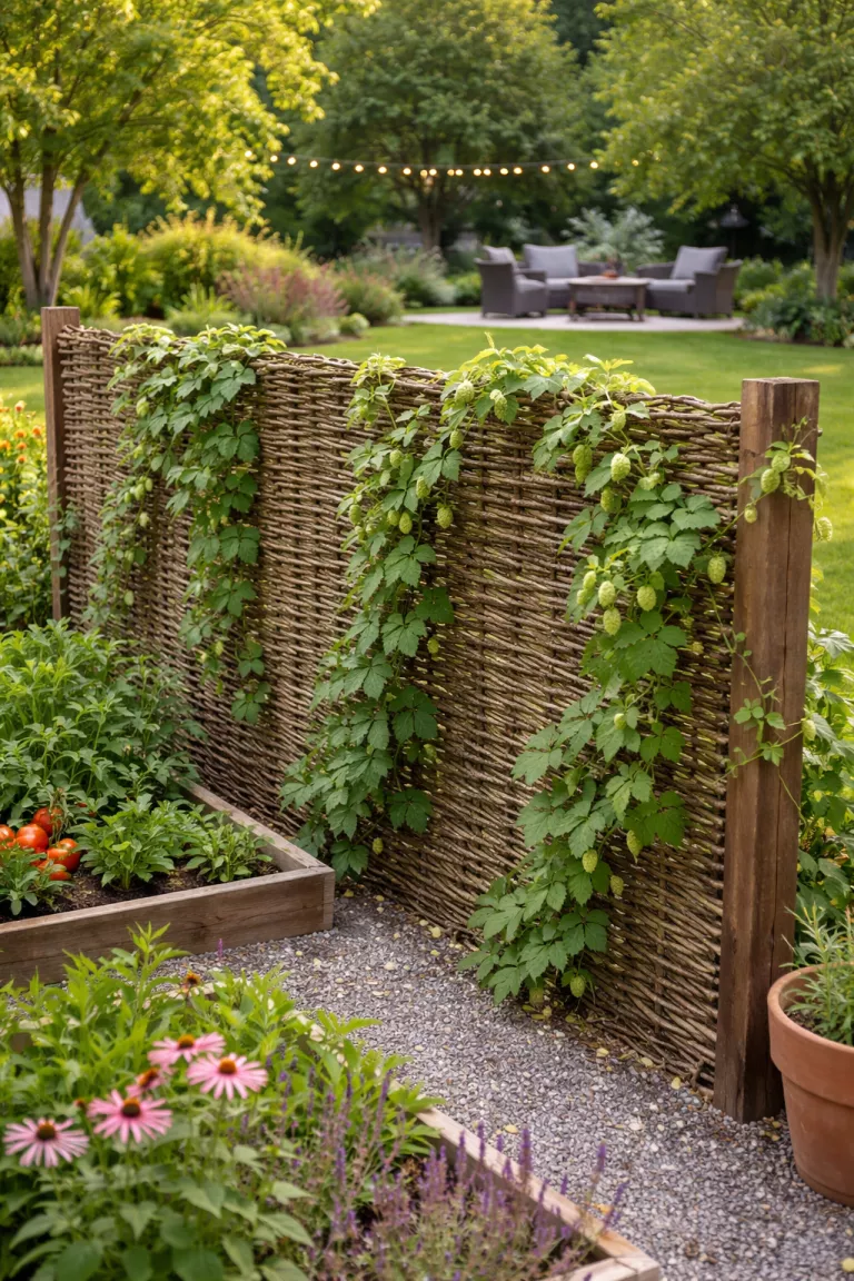A realistic photo of a typical American home's backyard showing a hand-woven brown willow hurdle trellis used as a garden divider, with light green hop vines growing along its textured surface.