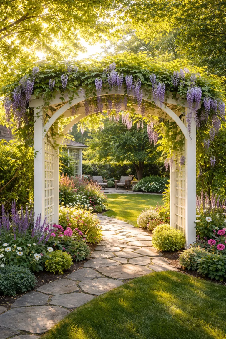 A realistic photo of a typical American home's backyard featuring a large white wooden garden arbor over a stone path, covered in purple wisteria blooms and green leaves with sunlight filtering through.