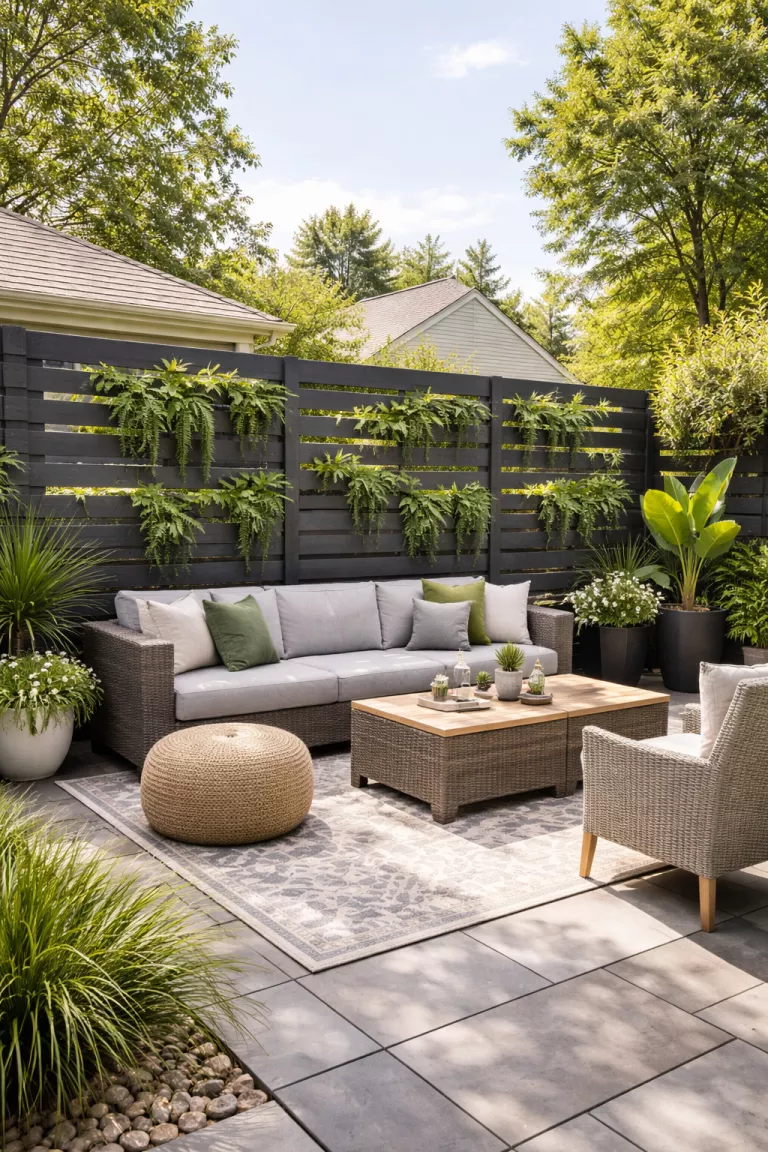 A realistic photo of a typical American home's backyard featuring a modern privacy screen made of horizontal dark gray wood slats, with bright green ferns and ivy growing through the gaps on a contemporary patio.