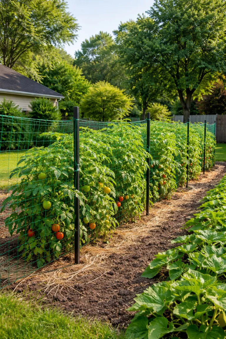 A realistic photo of a typical American home's backyard featuring several black metal t-posts with green garden netting stretched between them, supporting tall tomato plants in a large garden row.