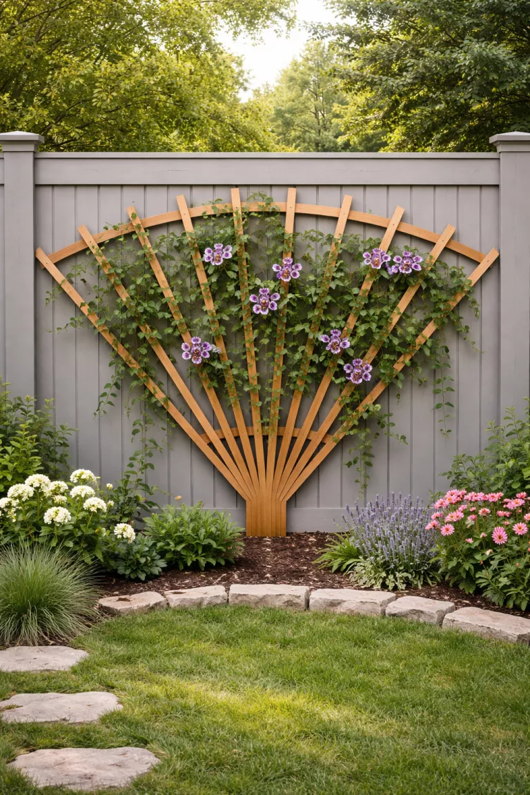A realistic photo of a typical American home's backyard featuring a fan-shaped trellis made of light brown cedar wood slats, mounted against a gray fence, supporting a delicate passionflower vine with exotic purple blossoms.