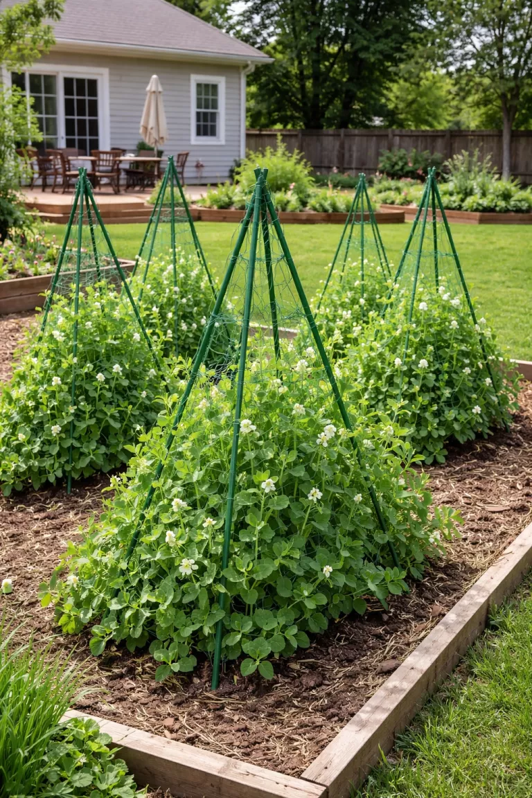 A realistic photo of a typical American home's backyard showing several small pyramid trellises made of green plastic coated stakes and netting standing in a garden bed with lush green pea plants.