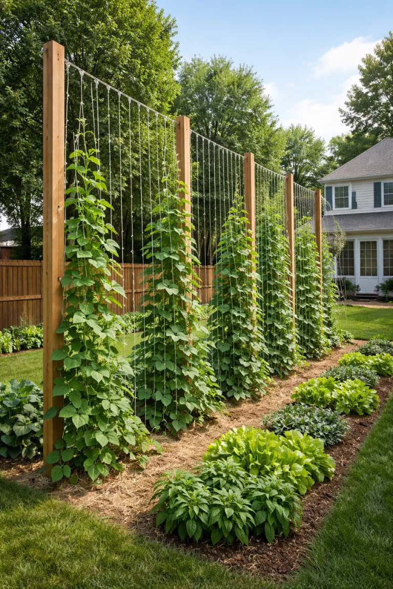 A realistic photo of a typical American home's backyard featuring several tall wooden posts with white nylon string vertical lines running to the ground, supporting climbing green bean plants.