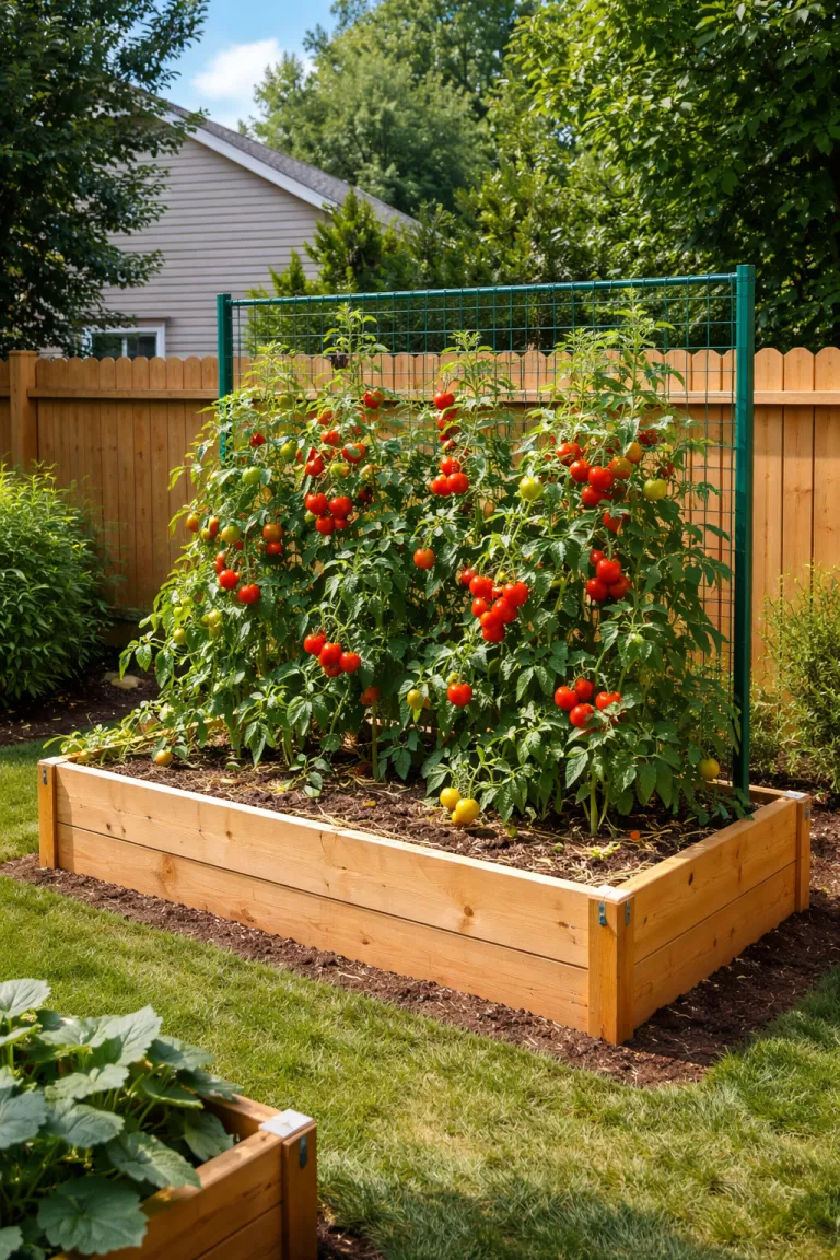A realistic photo of a typical American home's backyard showing a wooden raised bed with an integrated vertical trellis made of green coated wire mesh, supporting tall tomato plants with red fruit.