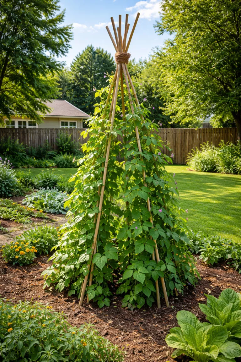 A realistic photo of a typical American home's backyard featuring a tall teepee trellis made from tan bamboo poles lashed with brown jute twine, supporting green pole bean plants with small purple flowers in a sunny vegetable patch.