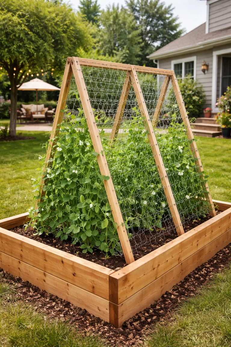 A realistic photo of a typical American home's backyard displaying a foldable wooden a-frame trellis covered in silver chicken wire, standing in a cedar raised bed with green snap peas climbing up the sides.