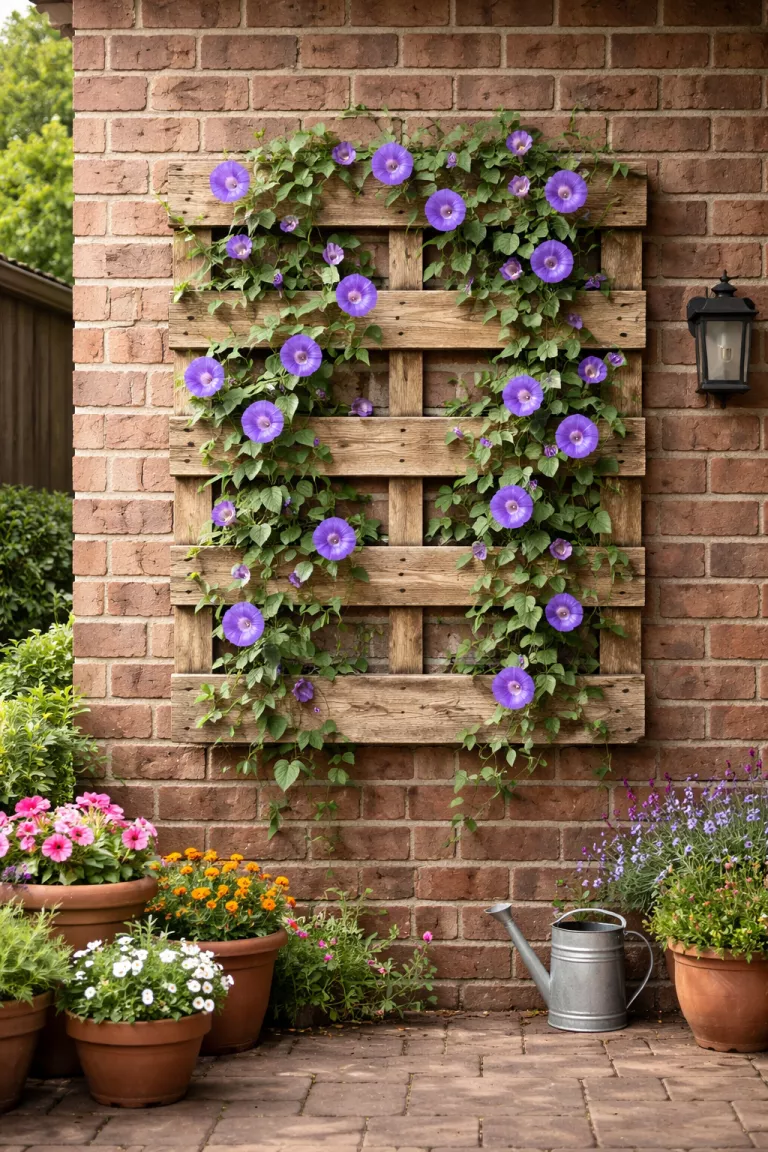 A realistic photo of a typical American home's backyard showcasing a vertical trellis made from a reclaimed light brown wood pallet, mounted on a brick wall with purple morning glories in bloom.