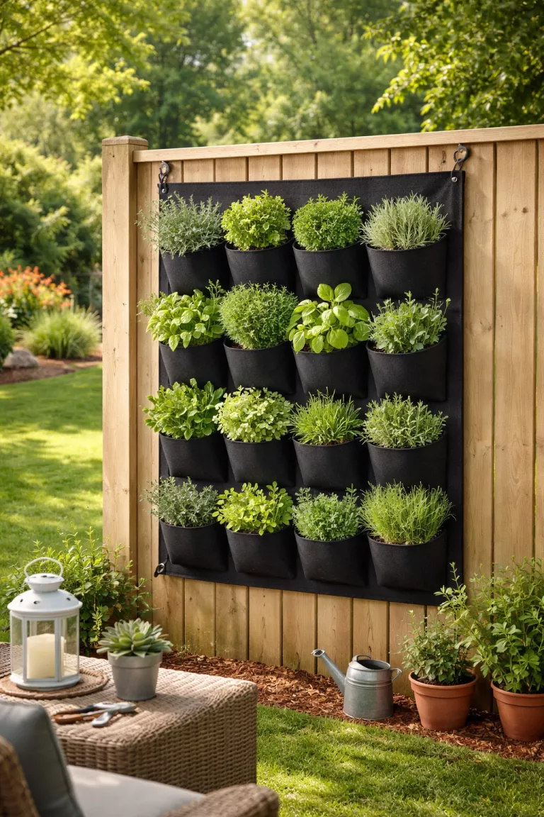 A realistic photo of a typical American home's backyard showing a vertical wall trellis with black felt pockets hanging on a wooden fence, filled with various green herbs like thyme, basil, and oregano.