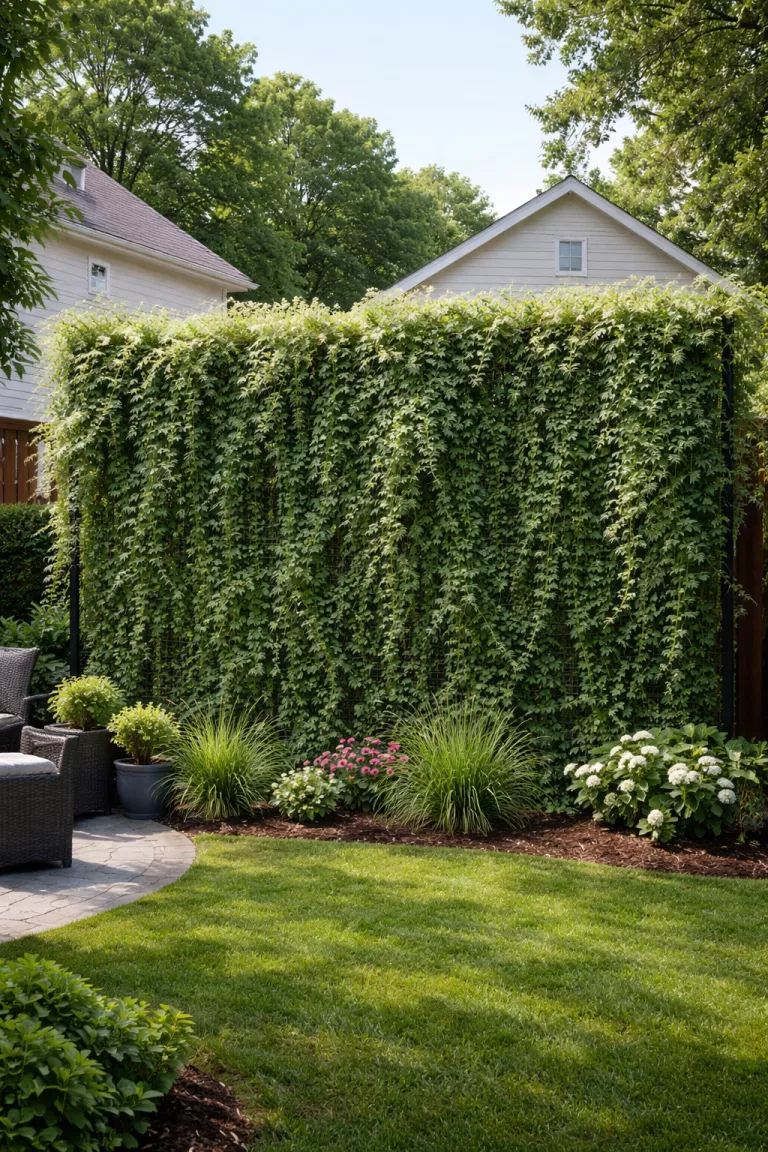 A realistic photo of a typical American home's backyard displaying a tall black metal wire grid screen, heavily covered in fast-growing green silver lace vines to block the view of a neighbor's house.