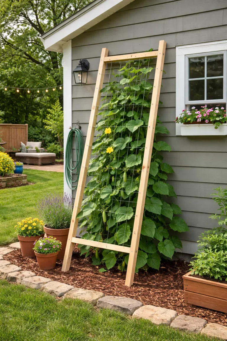 A realistic photo of a typical American home's backyard featuring a diy ladder trellis made of light wood 2x4s and silver wire rungs, leaning against a gray garden shed with green cucumber vines.