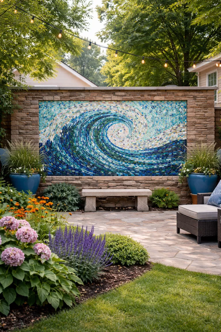 A realistic photo of a typical American home's backyard showing a textured mosaic wall panel made of blue, green, and white recycled glass tiles, depicting a swirling water wave pattern on a stone garden wall.