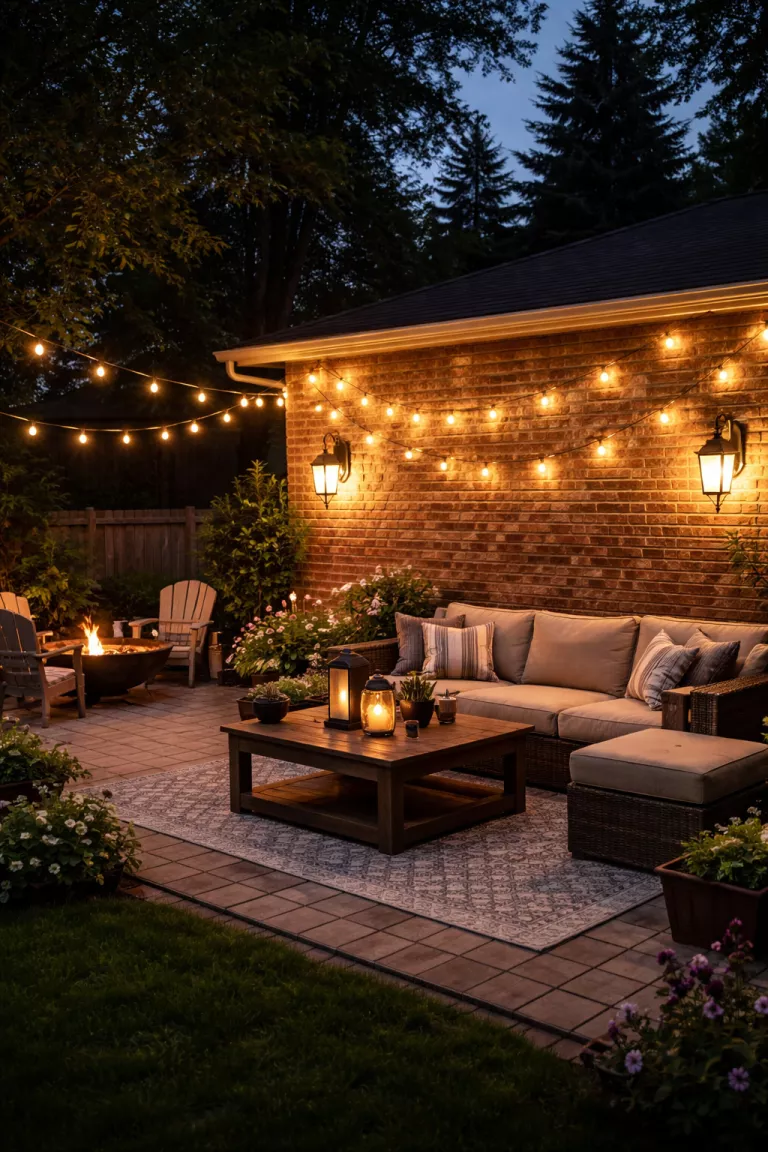 A realistic photo of a typical American home's backyard at twilight with warm gold LED string lights draped over a brick wall, accompanied by black metal wall lanterns that cast a soft glow on the patio.