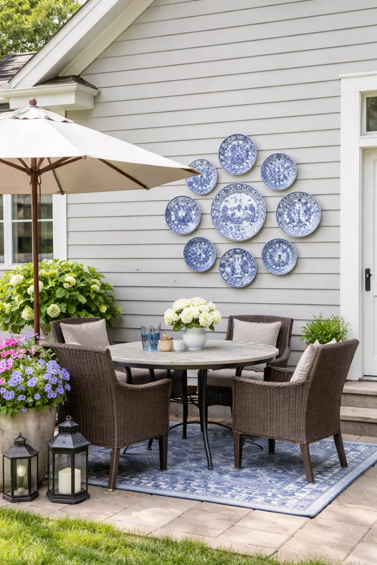 A realistic photo of a typical American home's backyard with a collection of blue and white decorative ceramic plates mounted in a circular pattern on a light grey exterior wall near a patio table.