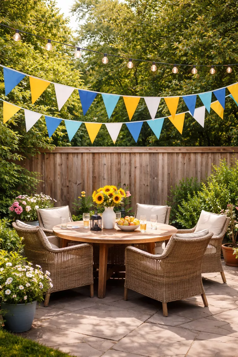 A realistic photo of a typical American home's backyard displaying colorful blue and yellow fabric bunting flags hanging across a wooden wall, swaying in a light breeze above a patio dining set.
