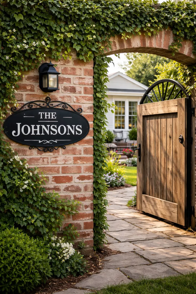 A realistic photo of a typical American home's backyard entryway with a custom black metal sign featuring a family name in white letters, hanging on an ivy covered brick wall next to a wooden gate.