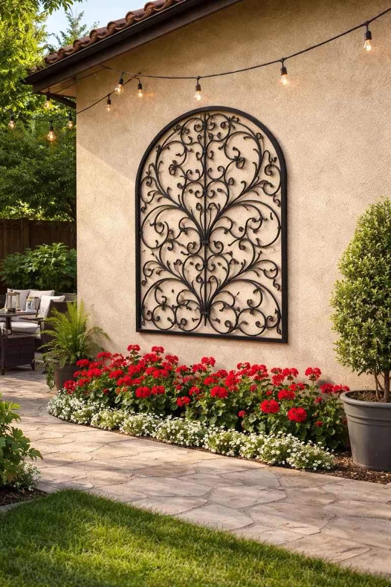 A realistic photo of a typical American home's backyard featuring an ornate black wrought iron wall panel with scrolling vine patterns, mounted on a light tan stucco wall with red geraniums at the base.