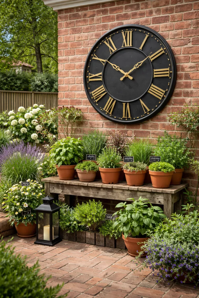 A realistic photo of a typical American home's backyard featuring a large black metal garden clock with gold Roman numerals, mounted on a brick wall above a small herb garden in terracotta pots.