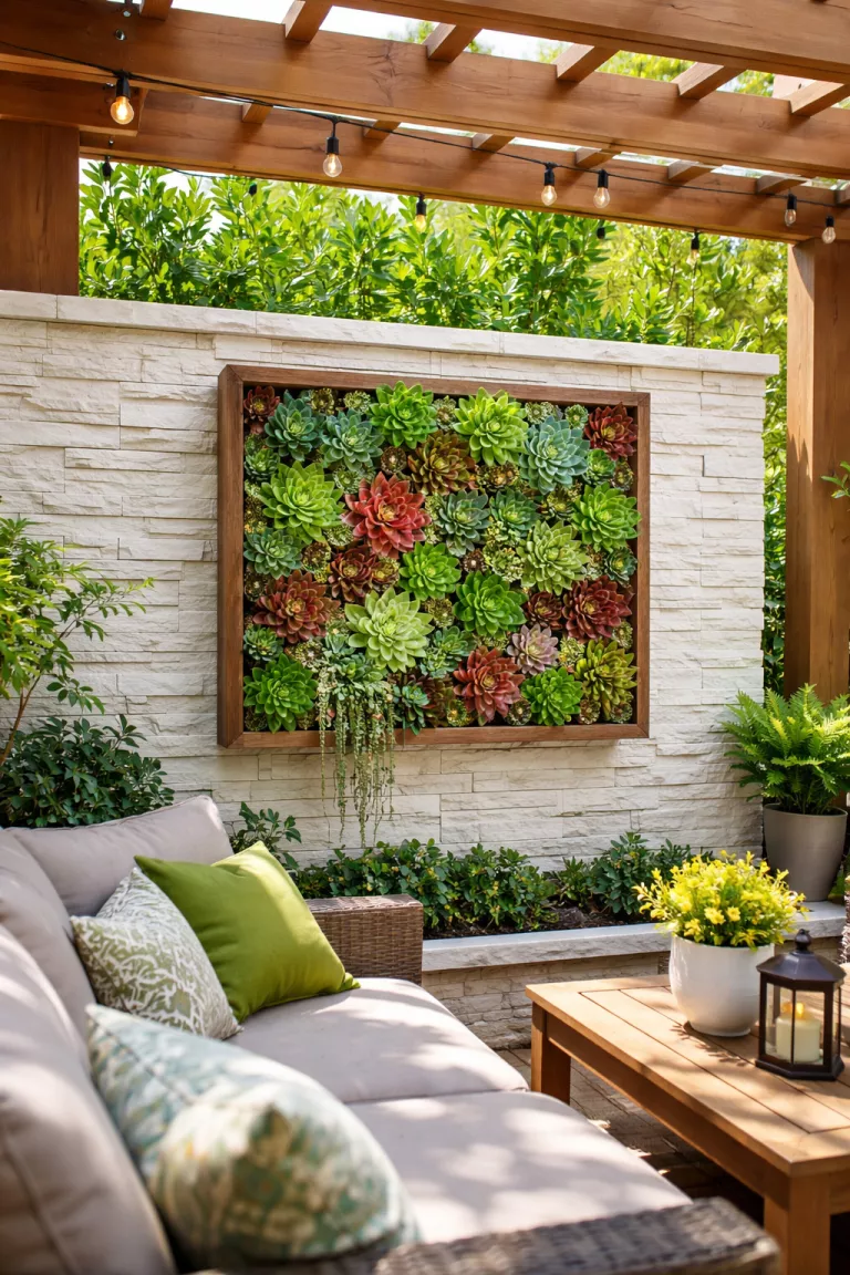 A realistic photo of a typical American home's backyard with a vertical shadow box frame filled with several types of green and reddish succulents, mounted on a white stone wall under a pergola.