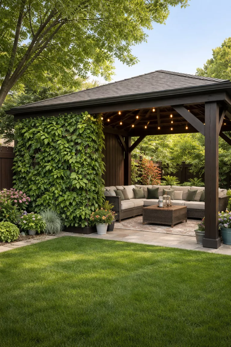 A realistic photo of a typical American home's backyard featuring a lush green living wall made of leafy plants covering one side of a dark wood gazebo.