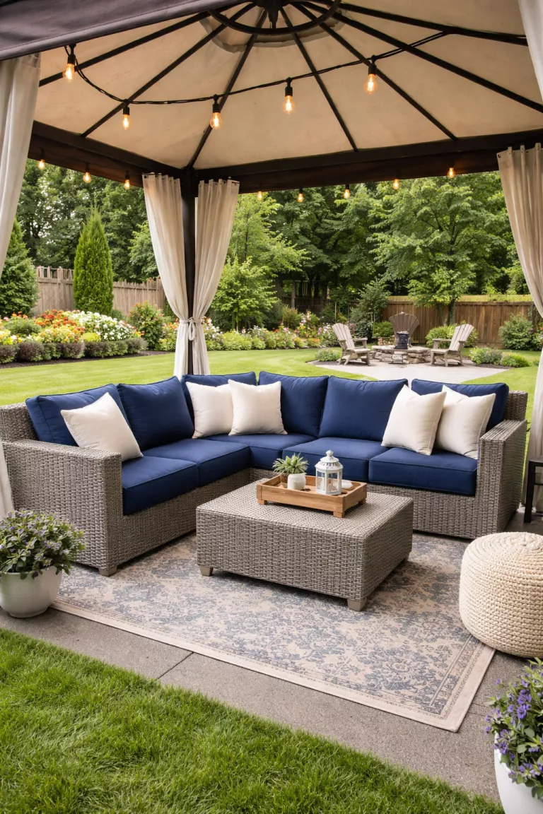 A realistic photo of a typical American home's backyard showing navy blue performance velvet cushions and cream colored throw pillows resting on a gray wicker sectional sofa inside a gazebo.