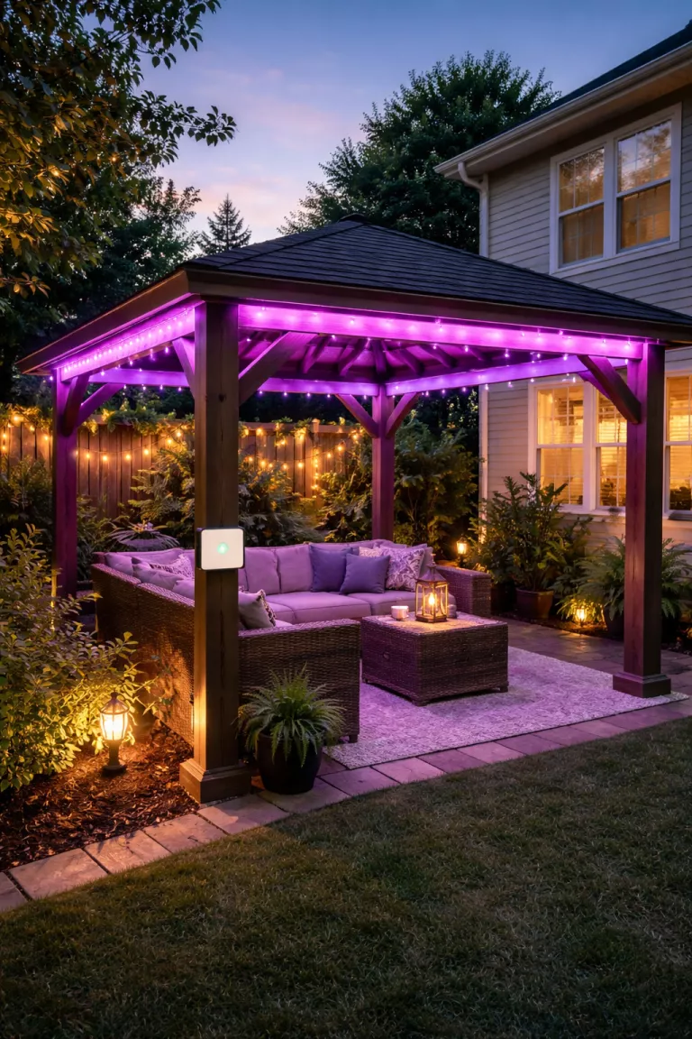 A realistic photo of a typical American home's backyard showing a gazebo with color changing purple LED strips hidden under the roofline and a smart home sensor on the post.
