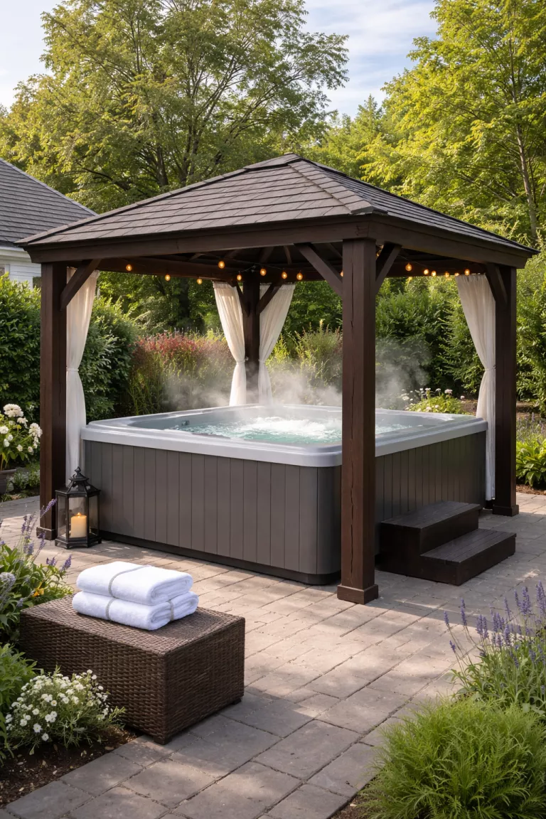 A realistic photo of a typical American home's backyard featuring a small gray square hot tub steaming inside a dark wood gazebo with white towels folded nearby.