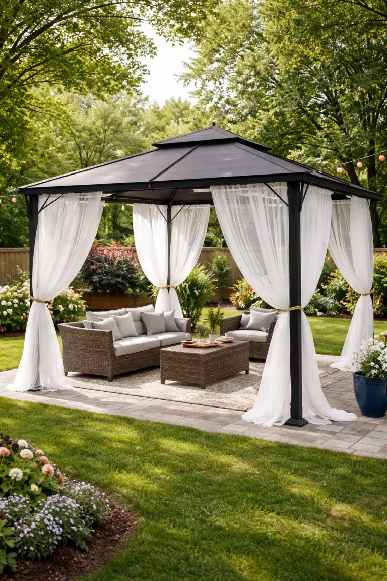 A realistic photo of a typical American home's backyard with airy white sheer curtains blowing in the breeze attached to a black metal gazebo frame with gold tie backs.