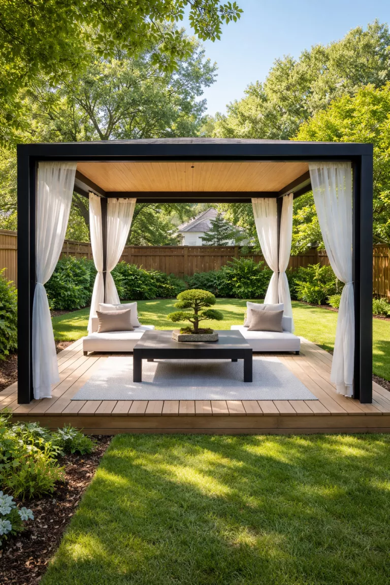 A realistic photo of a typical American home's backyard showing a minimalist gazebo with light wood floors, a low black table, and a small green bonsai tree.