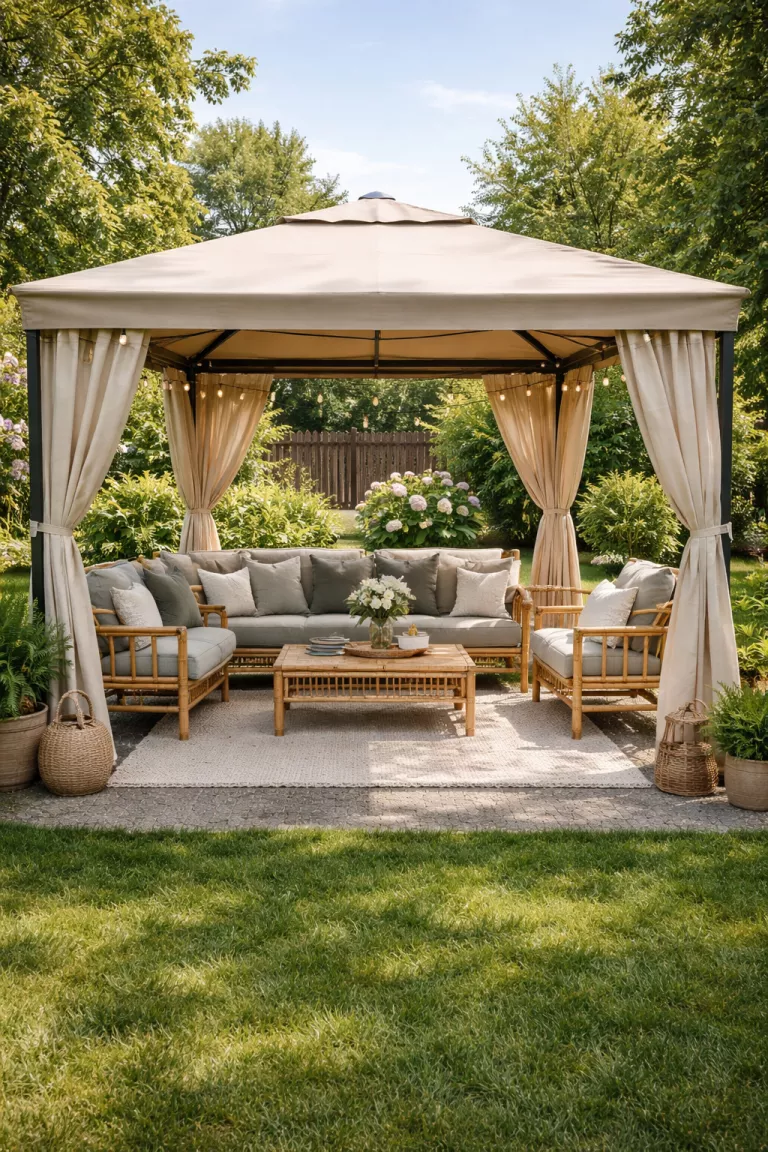 A realistic photo of a typical American home's backyard where a gazebo is decorated with tan bamboo chairs and cushions made of recycled gray fabric on a sunny day.