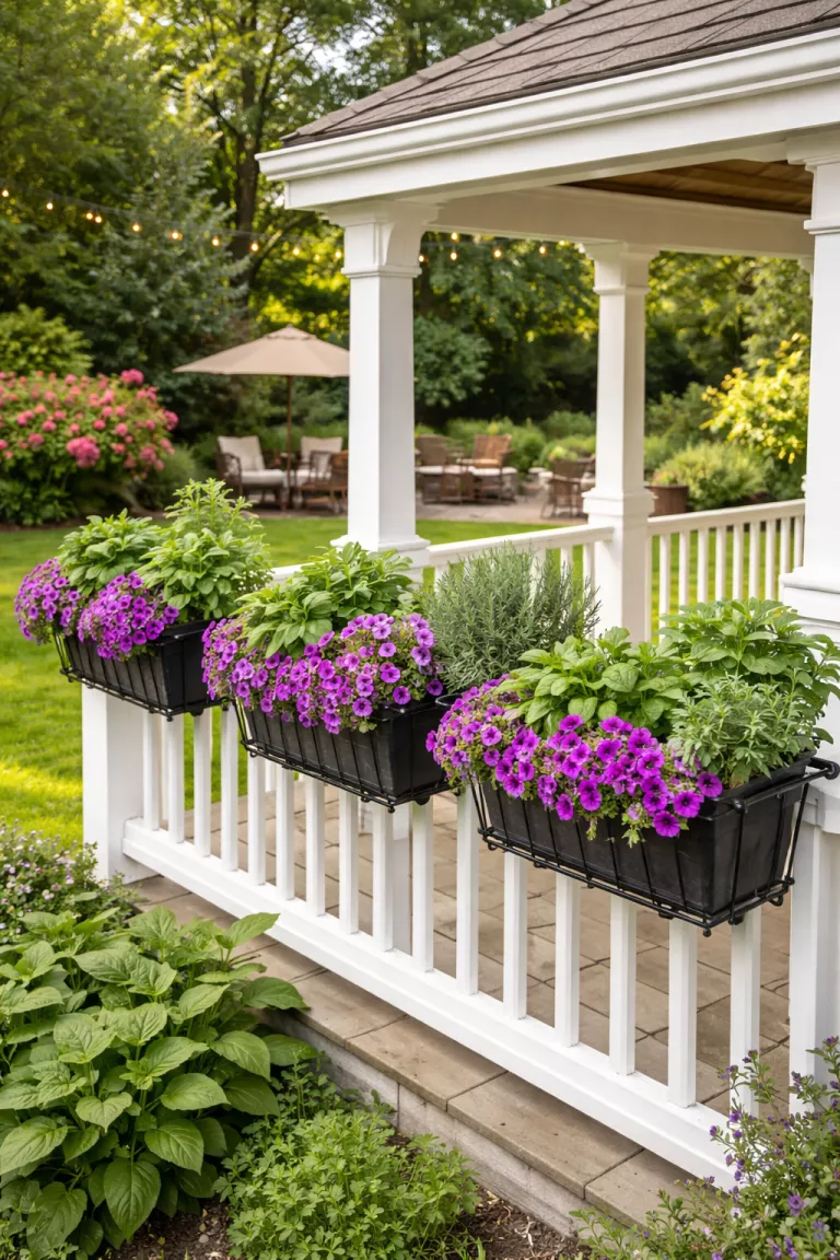 A realistic photo of a typical American home's backyard showing black metal railing boxes filled with purple flowers and green herbs attached to a white gazebo railing.