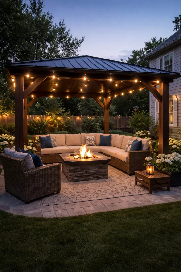 A realistic photo of a typical American home's backyard featuring a luxury gazebo with small white recessed lights built into the ceiling panels, illuminating a modern fire pit table.