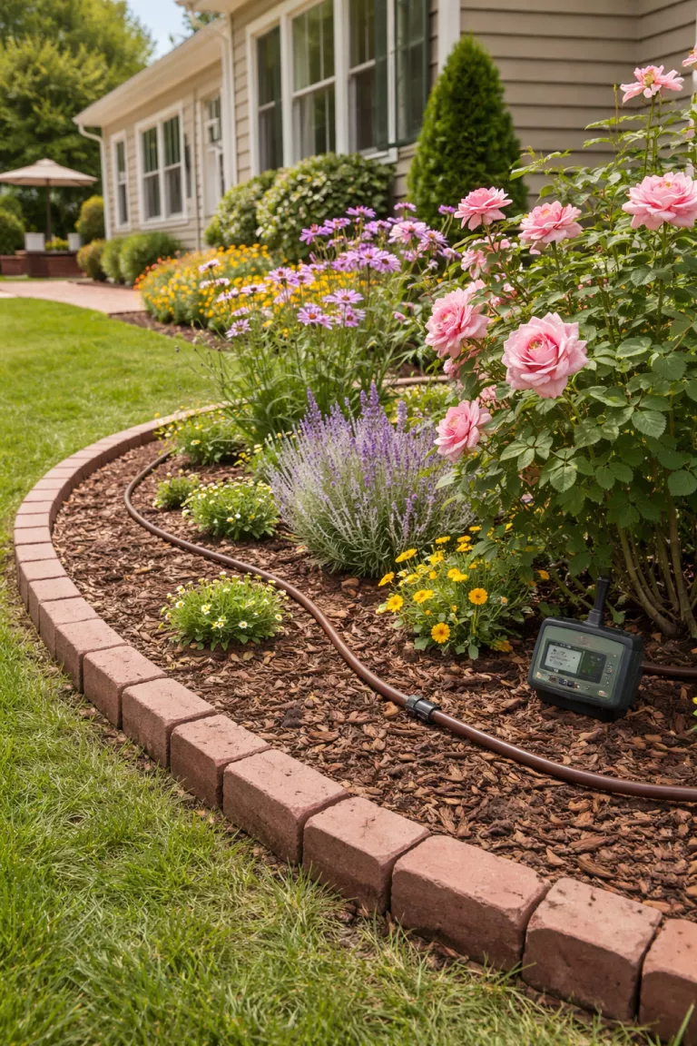 A realistic photo of a traditional American home's backyard highlighting a subtle drip irrigation line snaking through a flower bed with a small digital sensor box tucked near a rose bush.