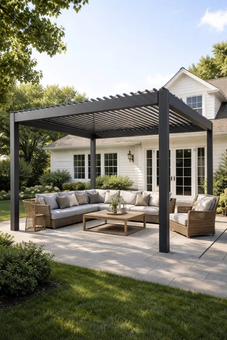 A realistic photo of a traditional American home's backyard featuring a modern charcoal grey pergola with motorized slats that are partially open to let in sunlight over a comfortable seating area.