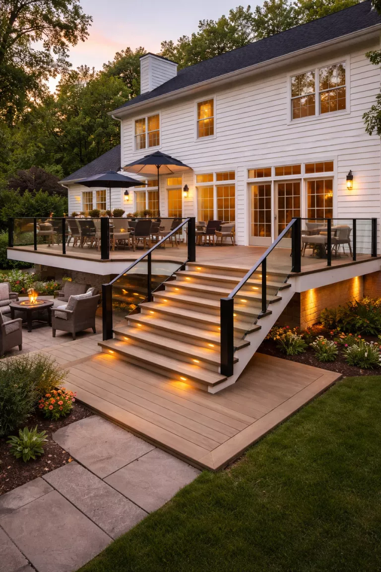 A realistic photo of a traditional American home's backyard featuring a multi-level deck made of light oak-colored composite material with integrated stair lighting and glass railings.