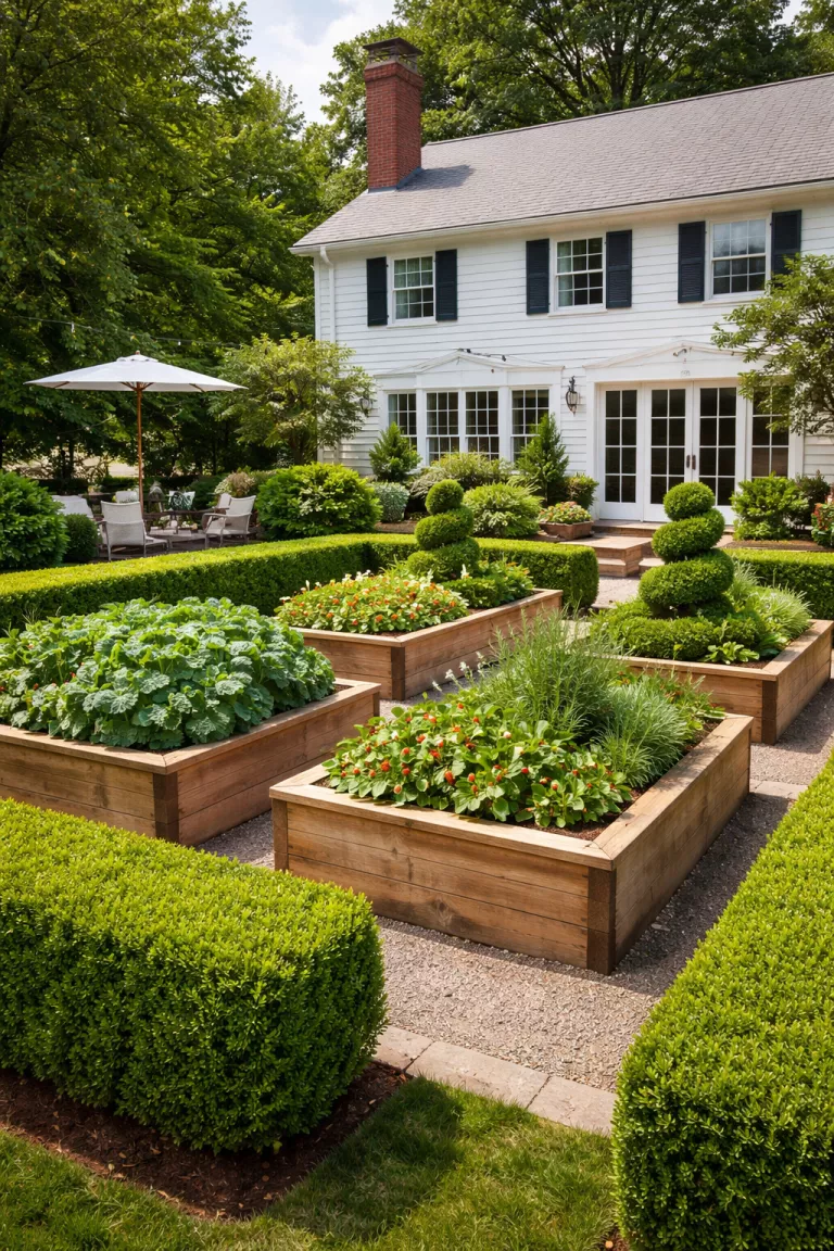 A realistic photo of a traditional American home's backyard where manicured boxwood hedges surround raised wooden garden beds filled with kale, strawberries, and rosemary bush spirals.