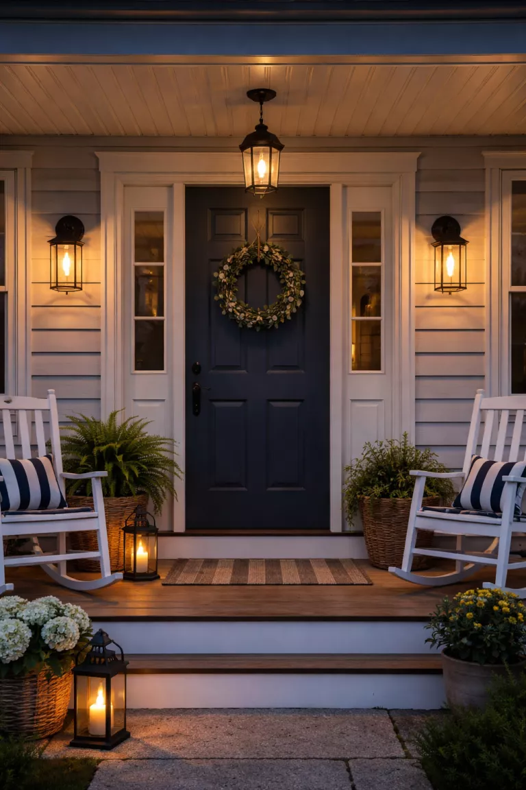 A realistic photo of a typical American home's front porch featuring two matte black metal wall sconces with clear glass and warm amber edison bulbs glowing at twilight.