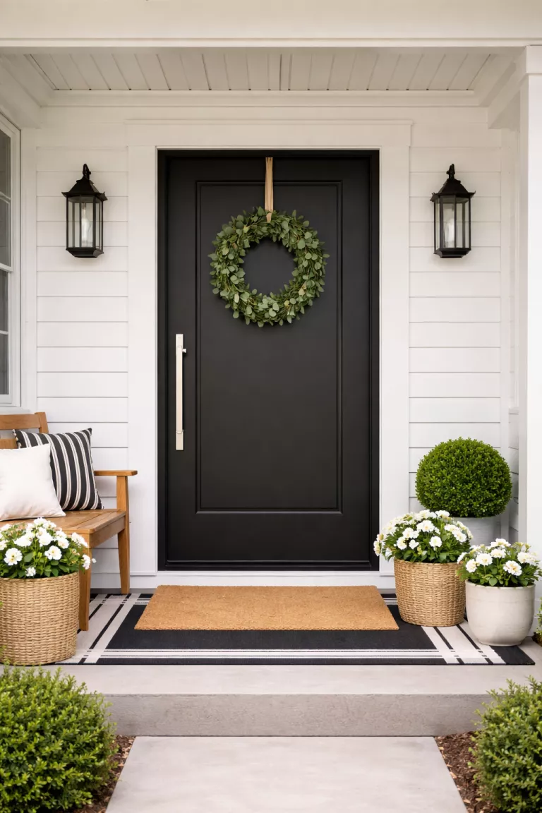 A realistic photo of a typical American home's front porch showcasing a matte black front door with a long vertical silver handle and a modern minimalist green wreath.