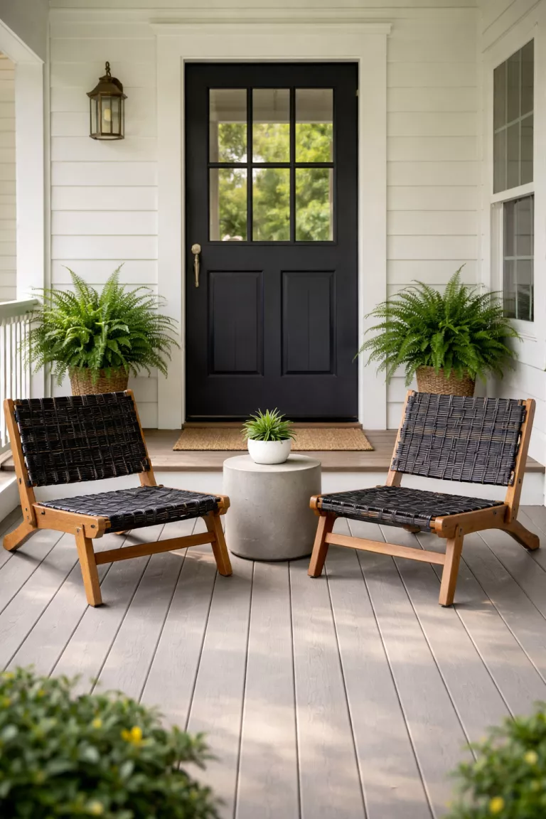 A realistic photo of a typical American home's front porch with two low profile teak wood chairs featuring black strap seating and a small concrete side table holding a single plant.