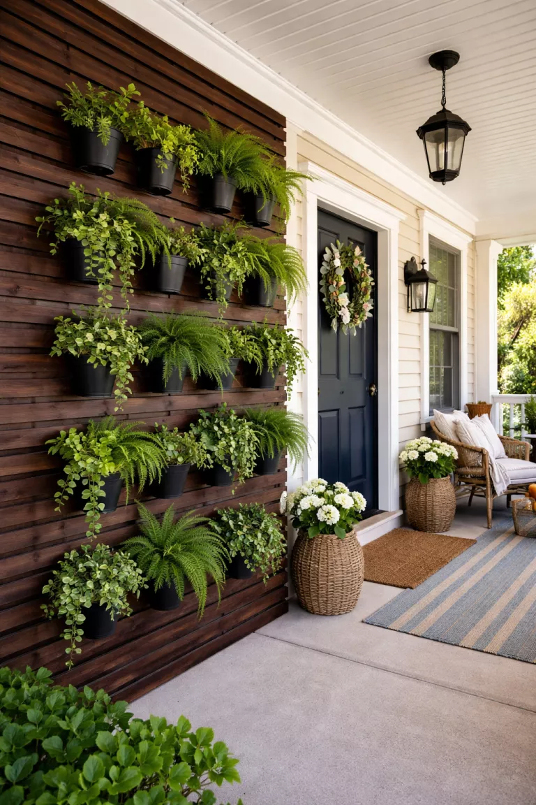 A realistic photo of a typical American home's front porch featuring a vertical garden wall made of dark wood slats with several small black pots containing green trailing ivy and ferns.