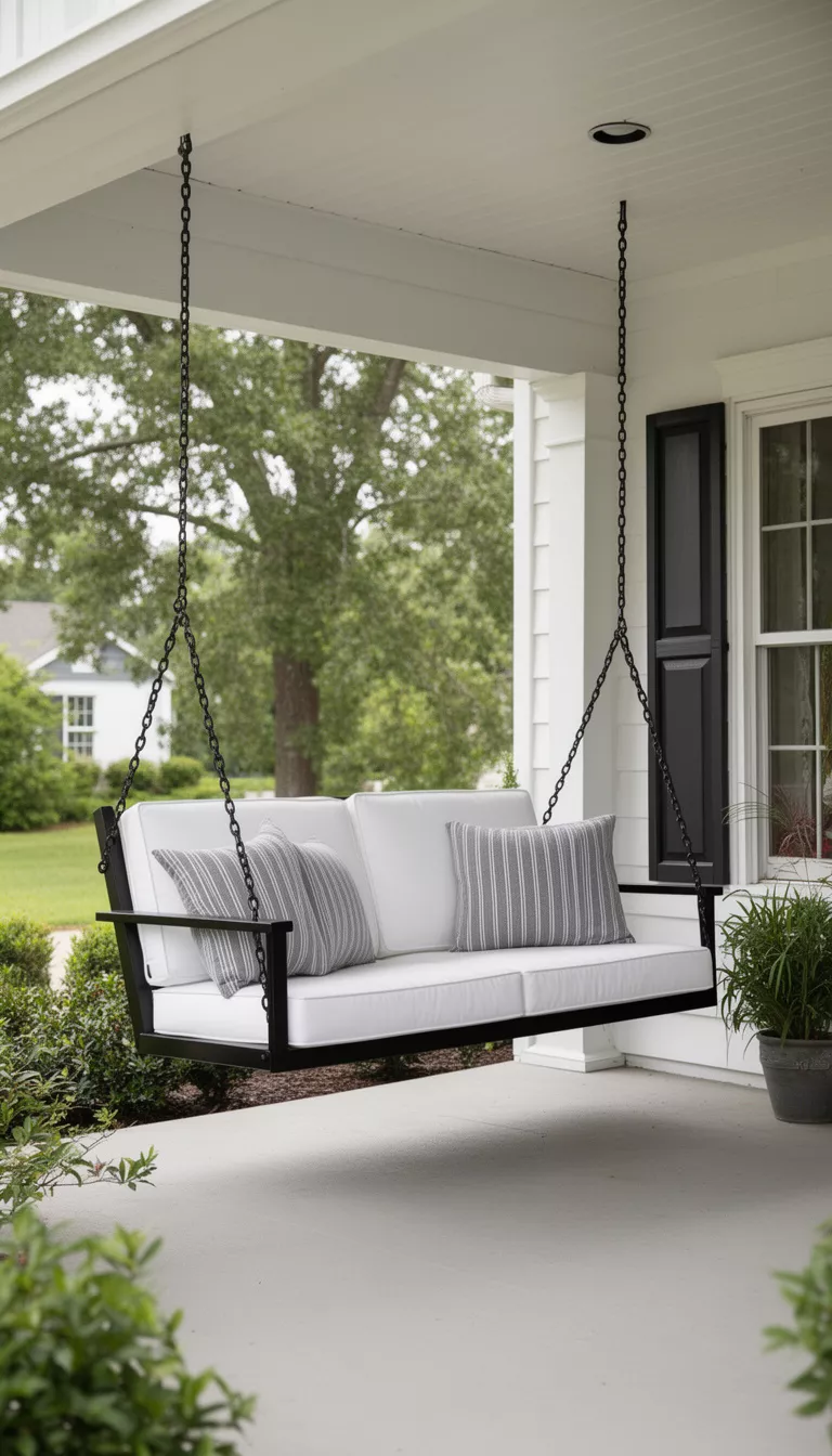 A realistic photo of a typical American home's front porch with a modern black powder coated metal swing bench hanging from the ceiling, featuring plush white weatherproof cushions and two gray striped outdoor pillows.