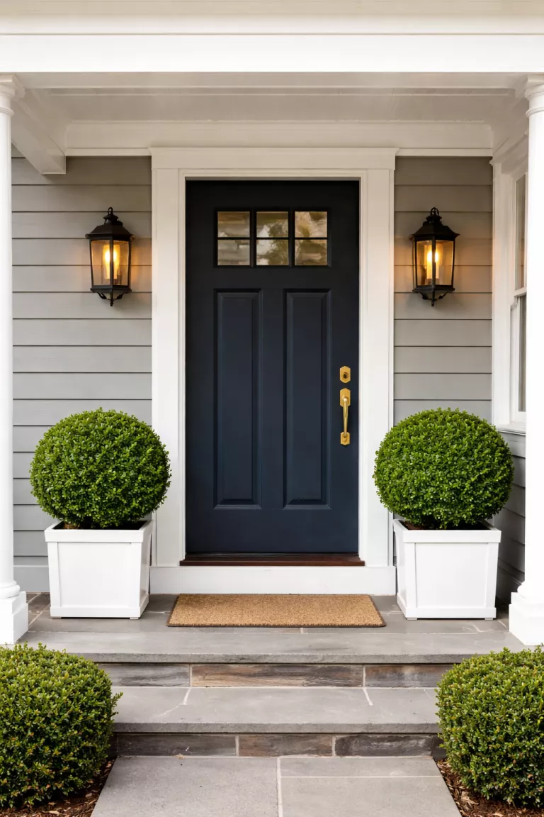 A realistic photo of a typical American home's front porch featuring two round green boxwood topiaries in white square ceramic pots positioned symmetrically against a gray siding wall.