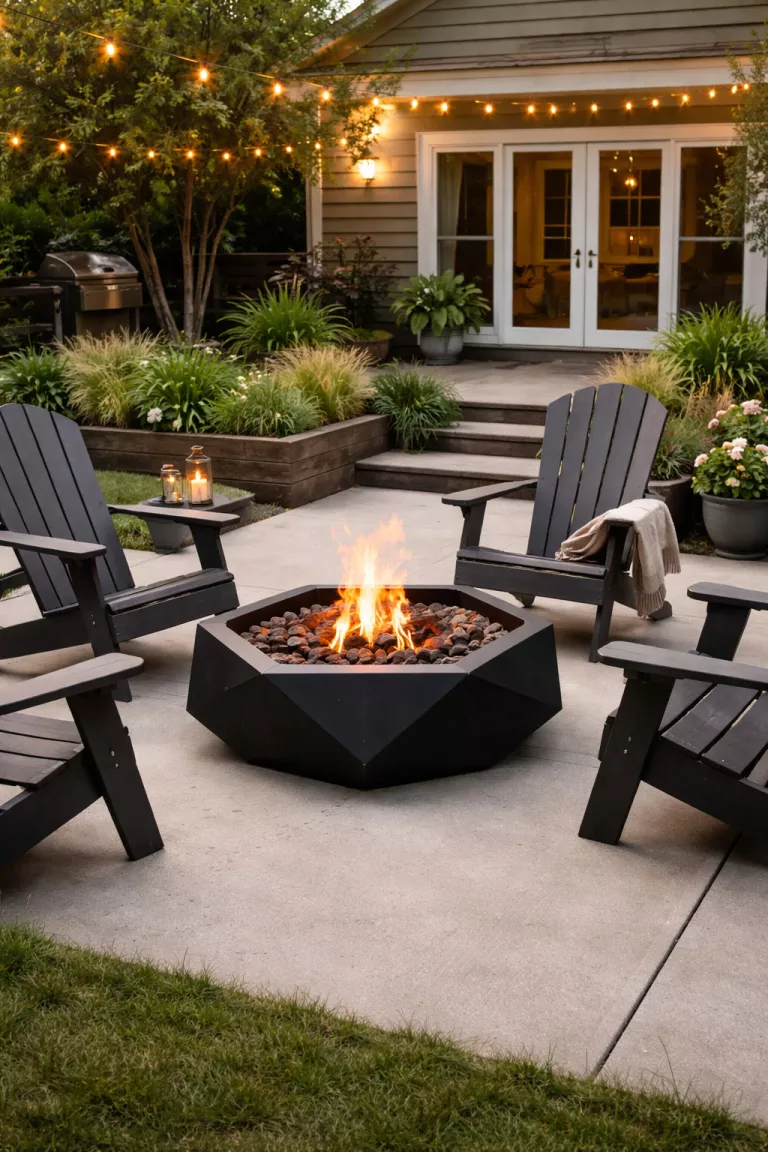A realistic photo of a typical American home's backyard featuring a geometric matte black steel fire pit with glowing orange embers surrounded by modern dark gray Adirondack chairs on a light concrete pad.