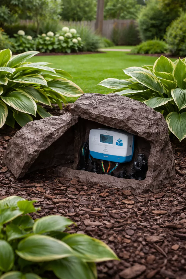 A realistic photo of a typical American home's backyard showing a hidden smart irrigation hub inside a dark brown decorative resin faux rock nestled among green hostas and dark bark mulch.