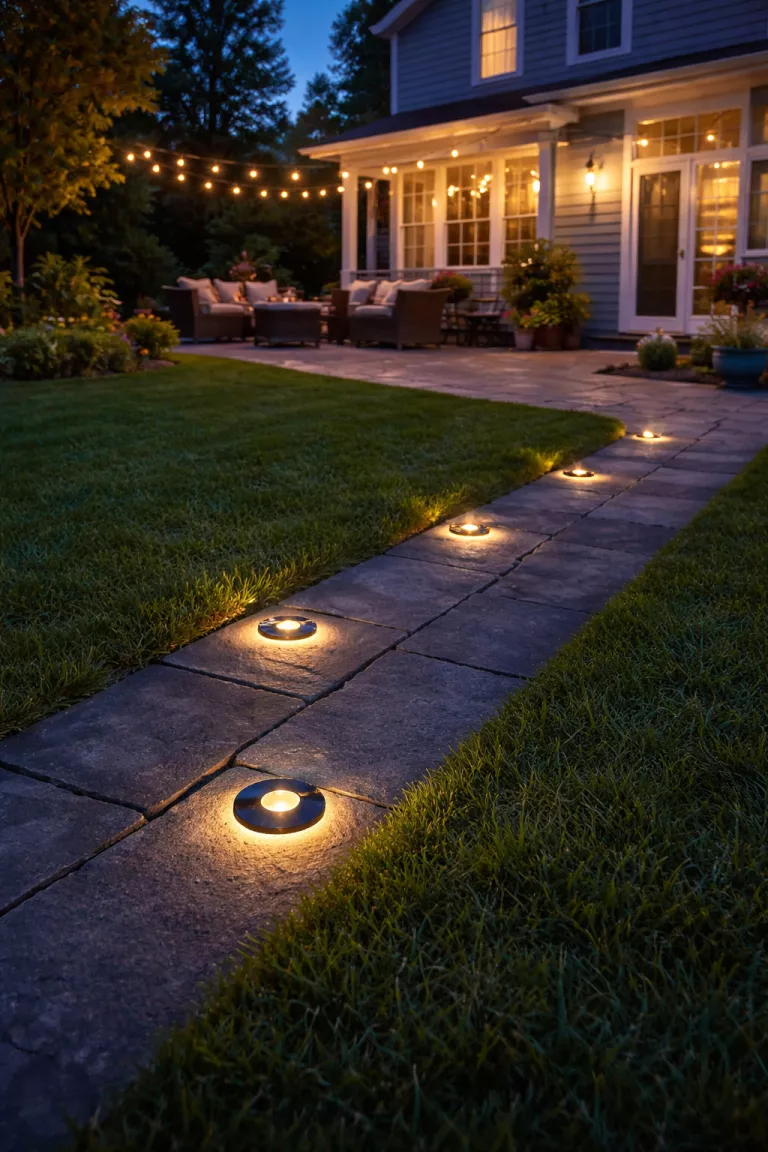 A realistic photo of a typical American home's backyard at twilight with small black solar led disk lights embedded in a dark slate walkway casting a warm yellow circular glow onto the surrounding grass.