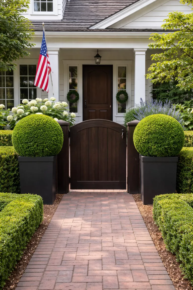 A realistic photo of a typical American home's front garden entry featuring two perfectly round green boxwood topiaries in tall black square planters flanking a dark wood gate.