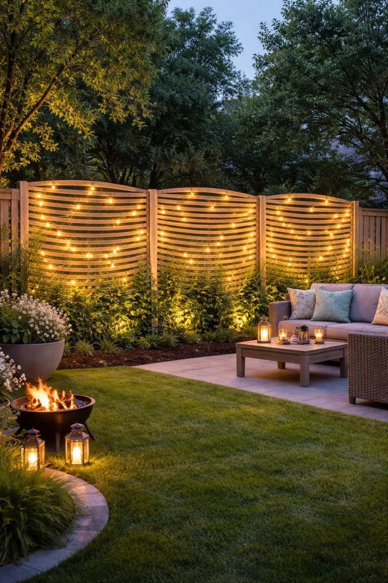 A realistic photo of a typical American home's backyard featuring a privacy screen made of curved horizontal light oak slats with warm yellow fairy lights woven through and green ivy climbing the base.