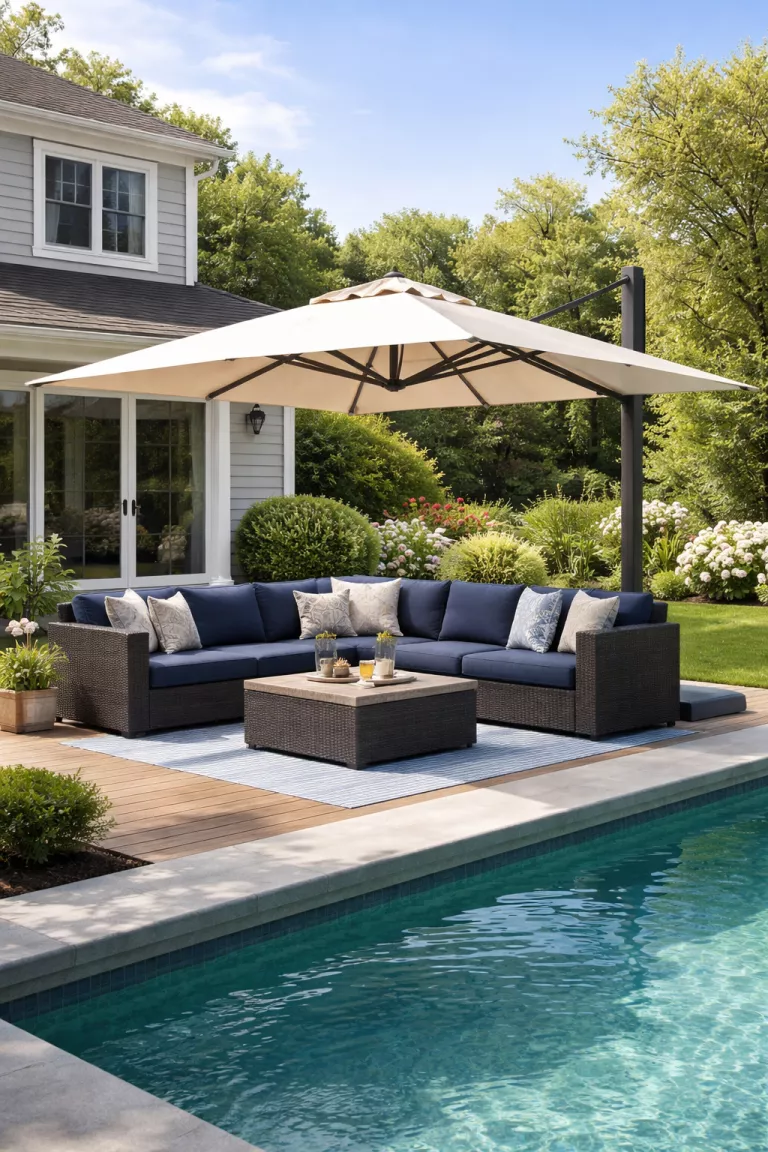 A realistic photo of a typical American home's backyard with a large square light beige cantilever umbrella shading a modern navy blue outdoor sofa set on a wooden deck next to a pool.