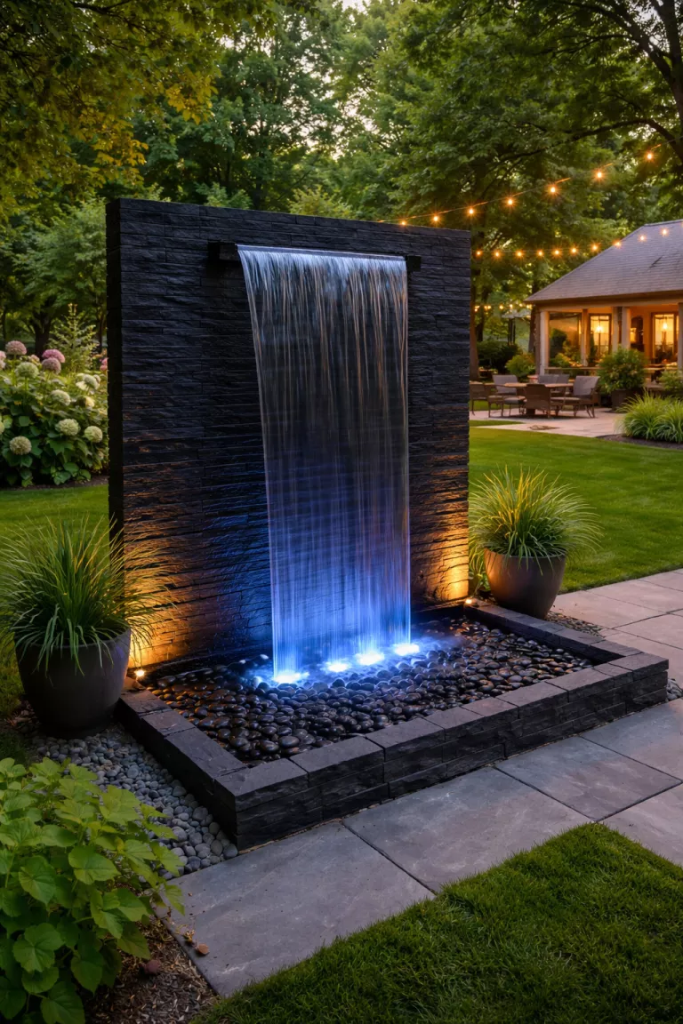 A realistic photo of a typical American home's backyard featuring a vertical black slate water wall with a thin sheet of water falling into a basin of smooth black river stones under blue led lights.