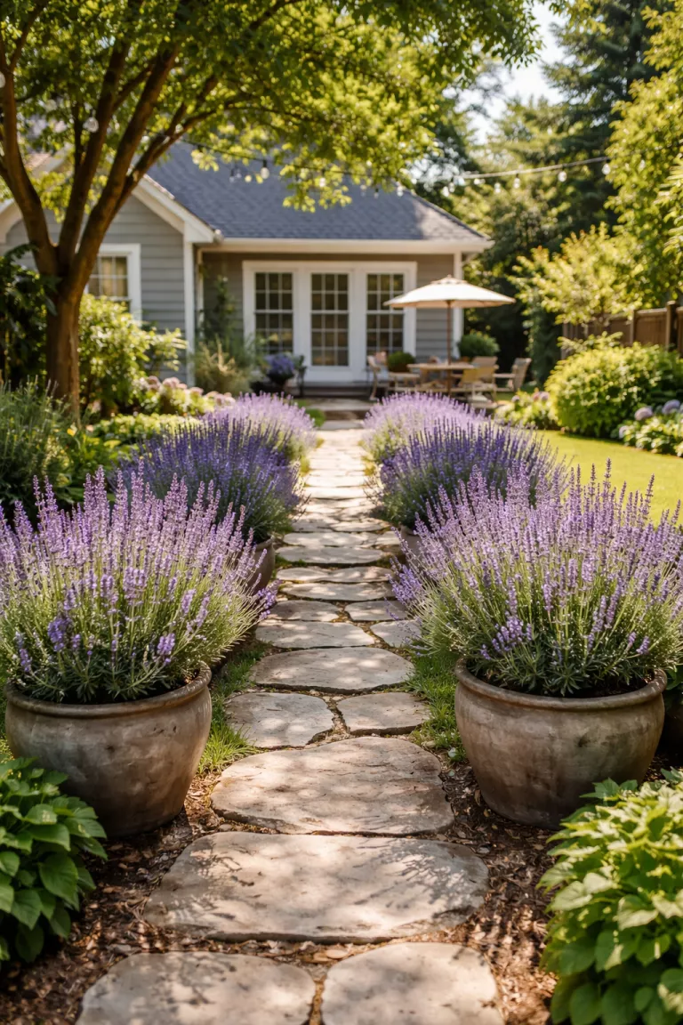 A realistic photo of a typical American home's backyard showing a narrow flagstone path lined with rows of bushy purple lavender in weathered gray clay pots under a bright sun.